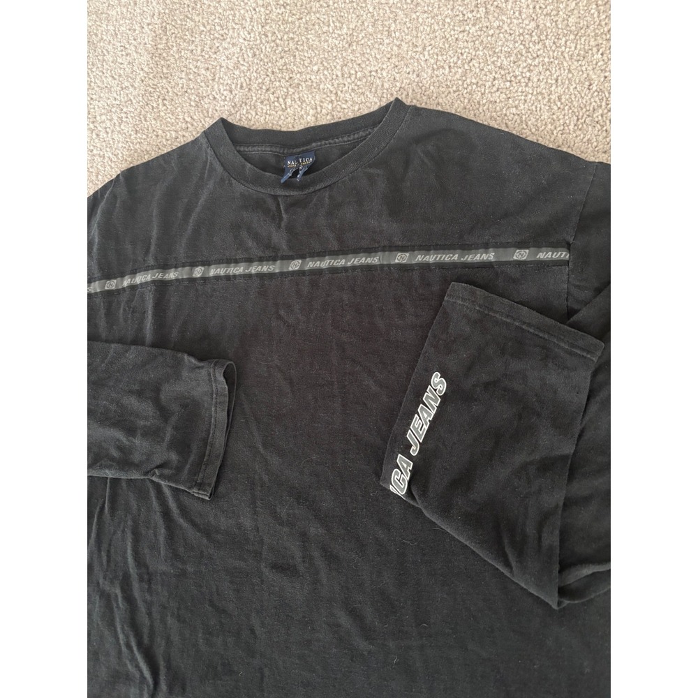 Nautica Jeans Co Mens XL Long Sleeve T-Shirt Black Vintage Y2K Logo Stripe